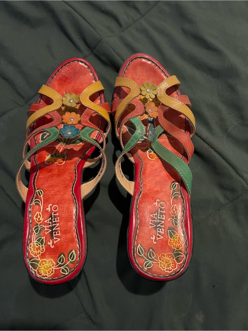Via Veneto Multicolor Floral Leather Slide Sandals - Red, Green, Yellow, Tan